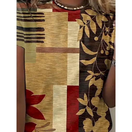 Women's T Shirt Geometric Plants Casual Short Sleeve Round Neck Regular Tops Daily Print Red Summer 2025 Women's T Shirt Geometric Plants Casual Short Sleeve Round Neck Regular Tops Daily Print Red Summer 2025