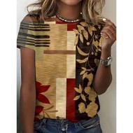 Women's T Shirt Geometric Plants Casual Short Sleeve Round Neck Regular Tops Daily Print Red Summer 2025