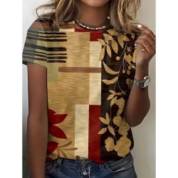 Women's T Shirt Geometric Plants Casual Short Sleeve Round Neck Regular Tops Daily Print Red Summer 2025
