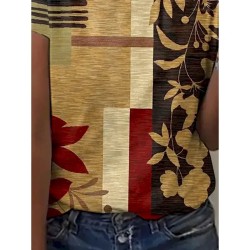 Women's T Shirt Geometric Plants Casual Short Sleeve Round Neck Regular Tops Daily Print Red Summer 2025 Women's T Shirt Geometric Plants Casual Short Sleeve Round Neck Regular Tops Daily Print Red Summer 2025