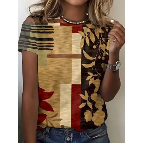 Women's T Shirt Geometric Plants Casual Short Sleeve Round Neck Regular Tops Daily Print Red Summer 2025 Women's T Shirt Geometric Plants Casual Short Sleeve Round Neck Regular Tops Daily Print Red Summer 2025