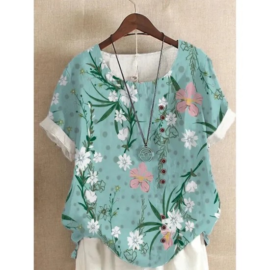 Women's Shirt Linen-Inspired Shirts Blouse Floral Casual Short Sleeve Crew Neck Regular Tops Vacation Daily Print Yellow Light Green Royal Blue Blue P Women's Shirt Linen-Inspired Shirts Blouse Floral Casual Short Sleeve Crew Neck Regular Tops Vacation Daily Print Yellow Light Green Royal Blue Blue P