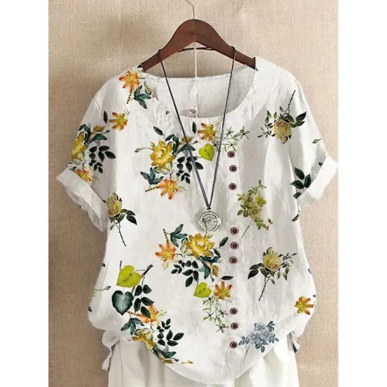Women's Shirt Linen-Inspired Shirts Blouse Floral Casual Short Sleeve Crew Neck Regular Tops Vacation Daily Print Yellow Light Green Royal Blue Blue P Women's Shirt Linen-Inspired Shirts Blouse Floral Casual Short Sleeve Crew Neck Regular Tops Vacation Daily Print Yellow Light Green Royal Blue Blue P