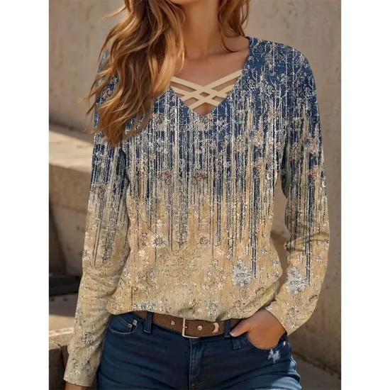 Women's T shirt Long Sleeve Graphic Gradient Casual Long Sleeve V Neck Regular Tops Daily Cut Out Print Khaki Spring Fall Prefall 2025 Women's T shirt Long Sleeve Graphic Gradient Casual Long Sleeve V Neck Regular Tops Daily Cut Out Print Khaki Spring Fall Prefall 2025