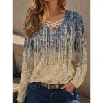 Women's T shirt Long Sleeve Graphic Gradient Casual Long Sleeve V Neck Regular Tops Daily Cut Out Print Khaki Spring Fall Prefall 2025 Women's T shirt Long Sleeve Graphic Gradient Casual Long Sleeve V Neck Regular Tops Daily Cut Out Print Khaki Spring Fall Prefall 2025