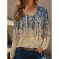 Women's T shirt Long Sleeve Graphic Gradient Casual Long Sleeve V Neck Regular Tops Daily Cut Out Print Khaki Spring Fall Prefall 2025