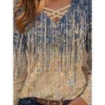 Women's T shirt Long Sleeve Graphic Gradient Casual Long Sleeve V Neck Regular Tops Daily Cut Out Print Khaki Spring Fall Prefall 2025 Women's T shirt Long Sleeve Graphic Gradient Casual Long Sleeve V Neck Regular Tops Daily Cut Out Print Khaki Spring Fall Prefall 2025