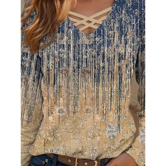 Women's T shirt Long Sleeve Graphic Gradient Casual Long Sleeve V Neck Regular Tops Daily Cut Out Print Khaki Spring Fall Prefall 2025 Women's T shirt Long Sleeve Graphic Gradient Casual Long Sleeve V Neck Regular Tops Daily Cut Out Print Khaki Spring Fall Prefall 2025