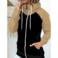 Women's Pullover Hoodie Sweatshirt Color Block Casual Long Sleeve Hooded Regular Tops Street Dailywear Zipper Pocket White Red Khaki Army Green Fall W