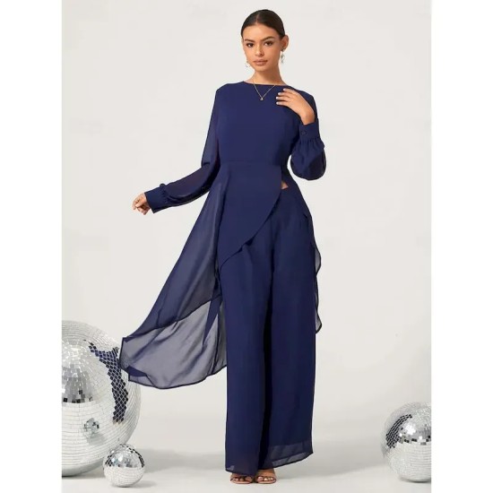 Women's Wedding Guest Jumpsuit Elegant Navy Blue Long Sheer Sleeve Wide Leg Chic Evening Party Wear Round Neckline Spring Summer Fall 2025 Women's Wedding Guest Jumpsuit Elegant Navy Blue Long Sheer Sleeve Wide Leg Chic Evening Party Wear Round Neckline Spring Summer Fall 2025