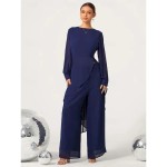 Women's Wedding Guest Jumpsuit Elegant Navy Blue Long Sheer Sleeve Wide Leg Chic Evening Party Wear Round Neckline Spring Summer Fall 2025 Women's Wedding Guest Jumpsuit Elegant Navy Blue Long Sheer Sleeve Wide Leg Chic Evening Party Wear Round Neckline Spring Summer Fall 2025