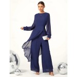 Women's Wedding Guest Jumpsuit Elegant Navy Blue Long Sheer Sleeve Wide Leg Chic Evening Party Wear Round Neckline Spring Summer Fall 2025 Women's Wedding Guest Jumpsuit Elegant Navy Blue Long Sheer Sleeve Wide Leg Chic Evening Party Wear Round Neckline Spring Summer Fall 2025