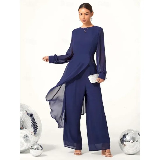 Women's Wedding Guest Jumpsuit Elegant Navy Blue Long Sheer Sleeve Wide Leg Chic Evening Party Wear Round Neckline Spring Summer Fall 2025 Women's Wedding Guest Jumpsuit Elegant Navy Blue Long Sheer Sleeve Wide Leg Chic Evening Party Wear Round Neckline Spring Summer Fall 2025