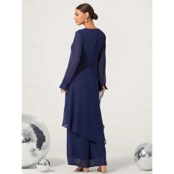 Women's Wedding Guest Jumpsuit Elegant Navy Blue Long Sheer Sleeve Wide Leg Chic Evening Party Wear Round Neckline Spring Summer Fall 2025 Women's Wedding Guest Jumpsuit Elegant Navy Blue Long Sheer Sleeve Wide Leg Chic Evening Party Wear Round Neckline Spring Summer Fall 2025