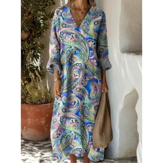 Women's Midi Dress Sundress A Line Dress Vacation Casual Boho Party Holiday Beach Loose Fit Floral Graphic Geometric Long Sleeve V Neck Black Blue Ora Women's Midi Dress Sundress A Line Dress Vacation Casual Boho Party Holiday Beach Loose Fit Floral Graphic Geometric Long Sleeve V Neck Black Blue Ora