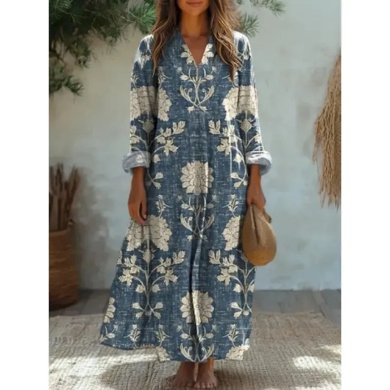 Women's Midi Dress Sundress A Line Dress Vacation Casual Boho Party Holiday Beach Loose Fit Floral Graphic Geometric Long Sleeve V Neck Black Blue Ora Women's Midi Dress Sundress A Line Dress Vacation Casual Boho Party Holiday Beach Loose Fit Floral Graphic Geometric Long Sleeve V Neck Black Blue Ora