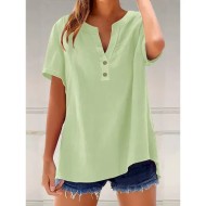 Women's Blouse Solid Color Plain Vintage Stylish Casual Short Sleeve V Neck Notched Neck Regular Tops Daily Holiday Buttons Light Green Blue Brown Gra