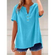Women's Blouse Solid Color Plain Vintage Stylish Casual Short Sleeve V Neck Notched Neck Regular Tops Daily Holiday Buttons Light Green Blue Brown Gra Women's Blouse Solid Color Plain Vintage Stylish Casual Short Sleeve V Neck Notched Neck Regular Tops Daily Holiday Buttons Light Green Blue Brown Gra