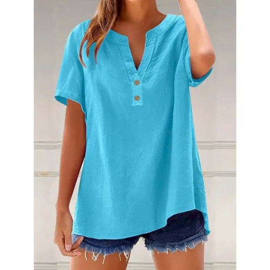 Women's Blouse Solid Color Plain Vintage Stylish Casual Short Sleeve V Neck Notched Neck Regular Tops Daily Holiday Buttons Light Green Blue Brown Gra Women's Blouse Solid Color Plain Vintage Stylish Casual Short Sleeve V Neck Notched Neck Regular Tops Daily Holiday Buttons Light Green Blue Brown Gra