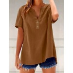 Women's Blouse Solid Color Plain Vintage Stylish Casual Short Sleeve V Neck Notched Neck Regular Tops Daily Holiday Buttons Light Green Blue Brown Gra Women's Blouse Solid Color Plain Vintage Stylish Casual Short Sleeve V Neck Notched Neck Regular Tops Daily Holiday Buttons Light Green Blue Brown Gra