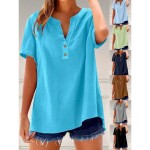 Women's Blouse Solid Color Plain Vintage Stylish Casual Short Sleeve V Neck Notched Neck Regular Tops Daily Holiday Buttons Light Green Blue Brown Gra Women's Blouse Solid Color Plain Vintage Stylish Casual Short Sleeve V Neck Notched Neck Regular Tops Daily Holiday Buttons Light Green Blue Brown Gra