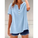 Women's Blouse Solid Color Plain Vintage Stylish Casual Short Sleeve V Neck Notched Neck Regular Tops Daily Holiday Buttons Light Green Blue Brown Gra Women's Blouse Solid Color Plain Vintage Stylish Casual Short Sleeve V Neck Notched Neck Regular Tops Daily Holiday Buttons Light Green Blue Brown Gra