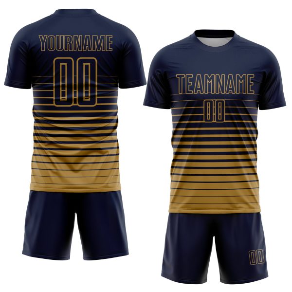 Custom Navy Old Gold Pinstripe Fade Fashion Sublimation Soccer Uniform Jersey - Image 2