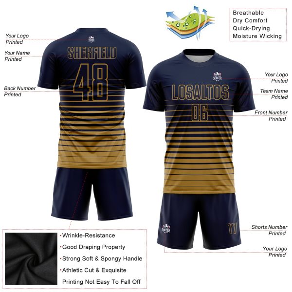 Custom Navy Old Gold Pinstripe Fade Fashion Sublimation Soccer Uniform Jersey - Image 3